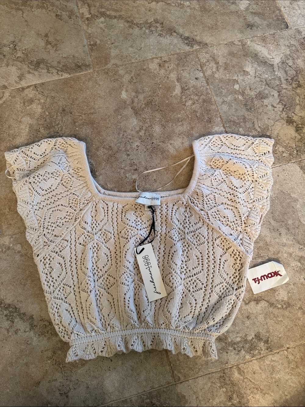 NWT freshman 1996 Cream Crochet knit Square-Neck Crop Top sweater large boho